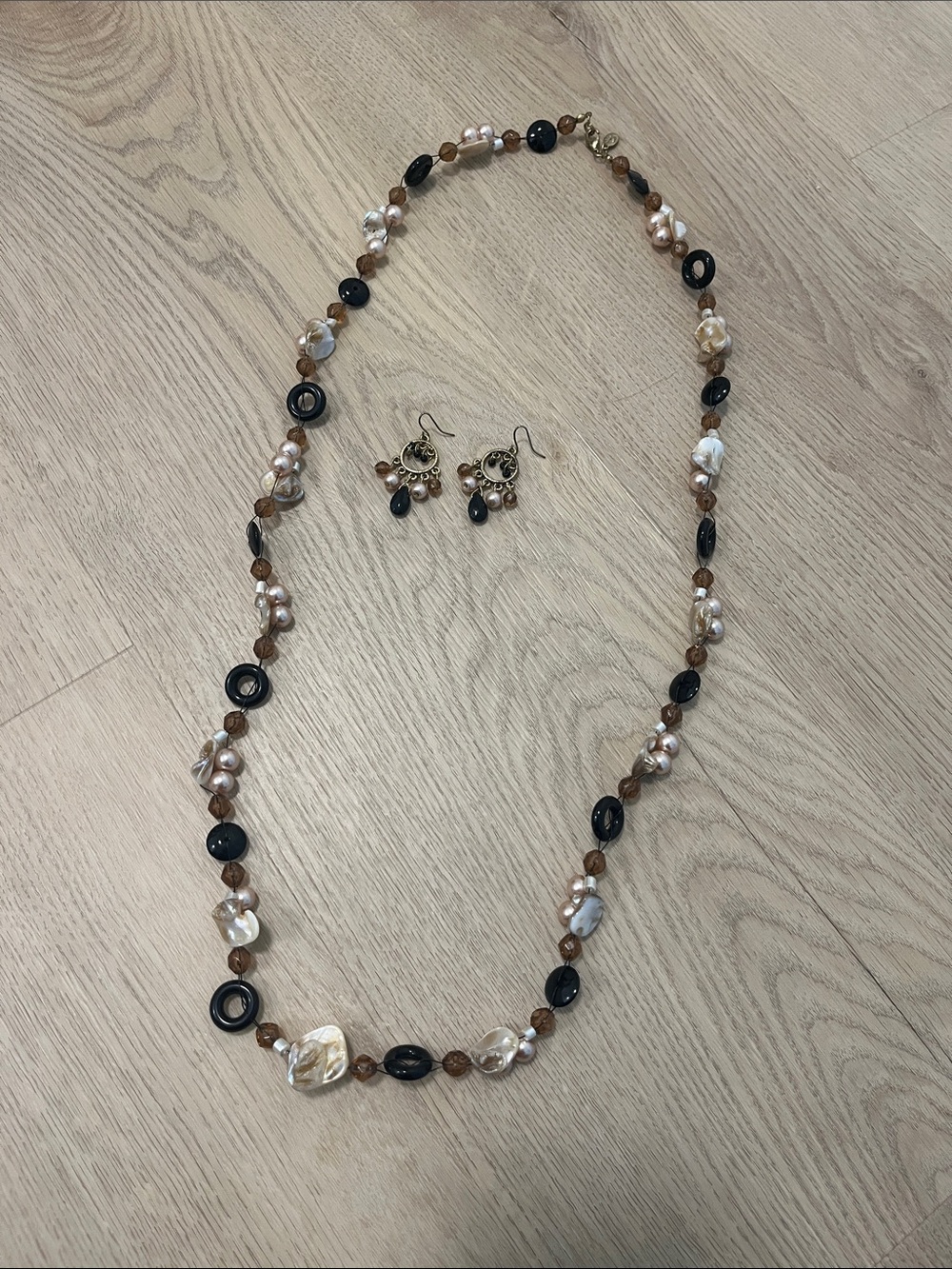 Cookie Lee Brown Bead And Pearl Necklace and Earring Set